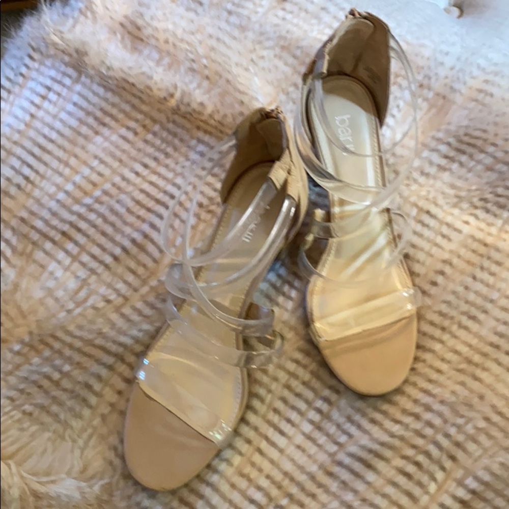 Nude with clear straps 3-inch dressy sandals.